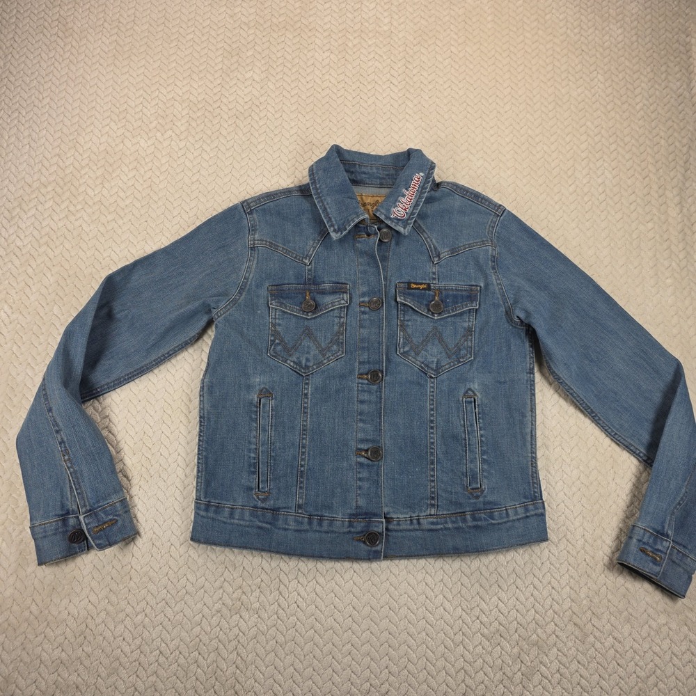 Wrangler Retro Oklahoma University OU Sooners Denim Jacket Blue Med Wash Small